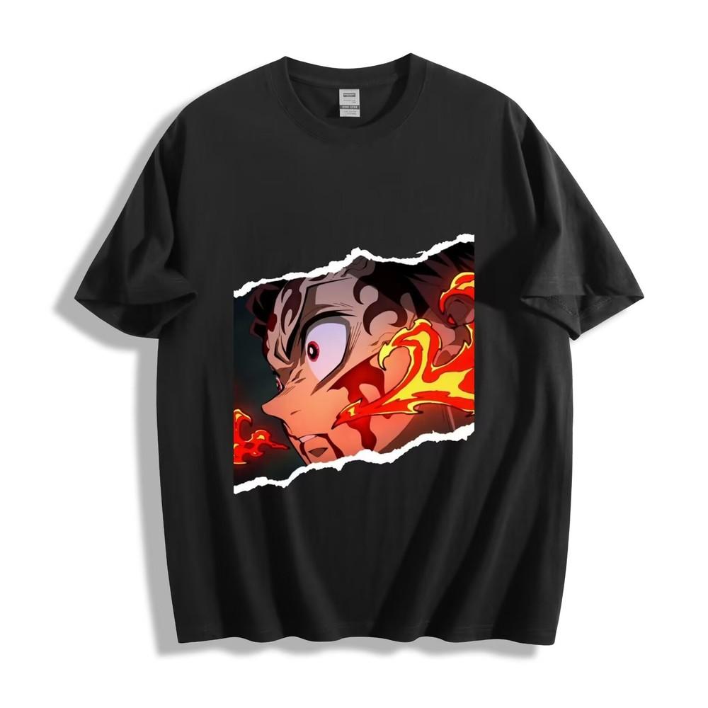 

Demon Slayer Tanjiro Kamado T-Shirt - Ripped Effect Fire God Portrait Unisex Tee 2XL