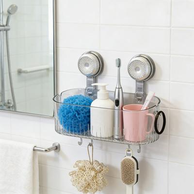 No-Drill Shower Caddy Removable Suction Cup Storage Shelf with Hooks Wall Mounted Clear Storage Box Bathroom Organizer for Shower Toiletries