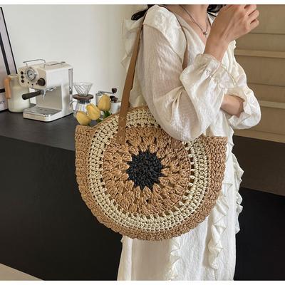 202 New Paper Rope Hollow Color Large Disc Straw Bag Casual Beach Bag Single Shoulder Fashion Woven Bag