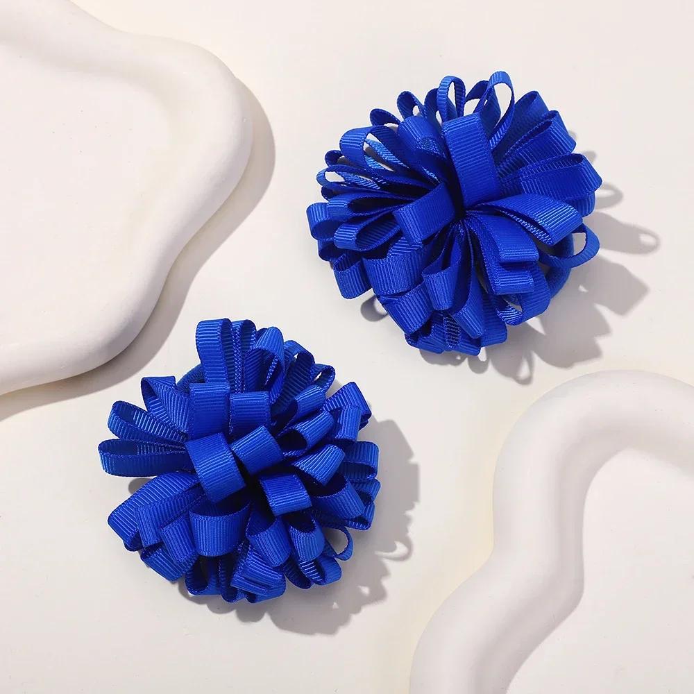 2pcs/set 2.76'' Elastics Ribbon Flower Ball Hair Band for Girls Princess Big Grosgrain Hairrope Pretty Hair Tie Accessories Gift