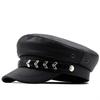 Chapeau octogonal hipster de rue européen et américain en cuir PU pour femme, automne et hiver, personnalité rétro, chaîne, chapeau bleu marine, casquette polyvalente