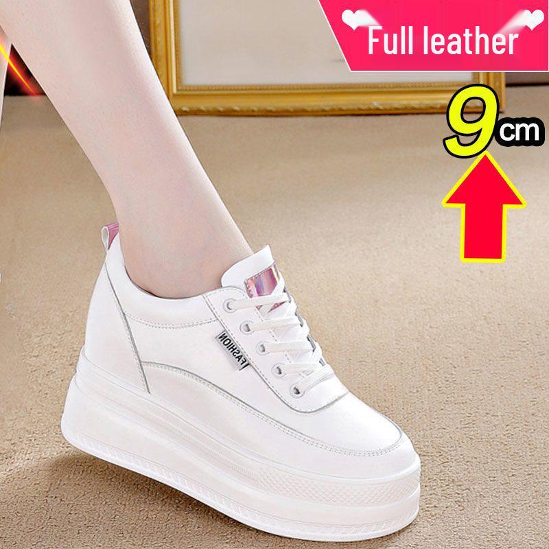 Women's Genuine Leather High Heel Mesh Shoes - 10cm Lift, Thick Sole, Spring Style, White