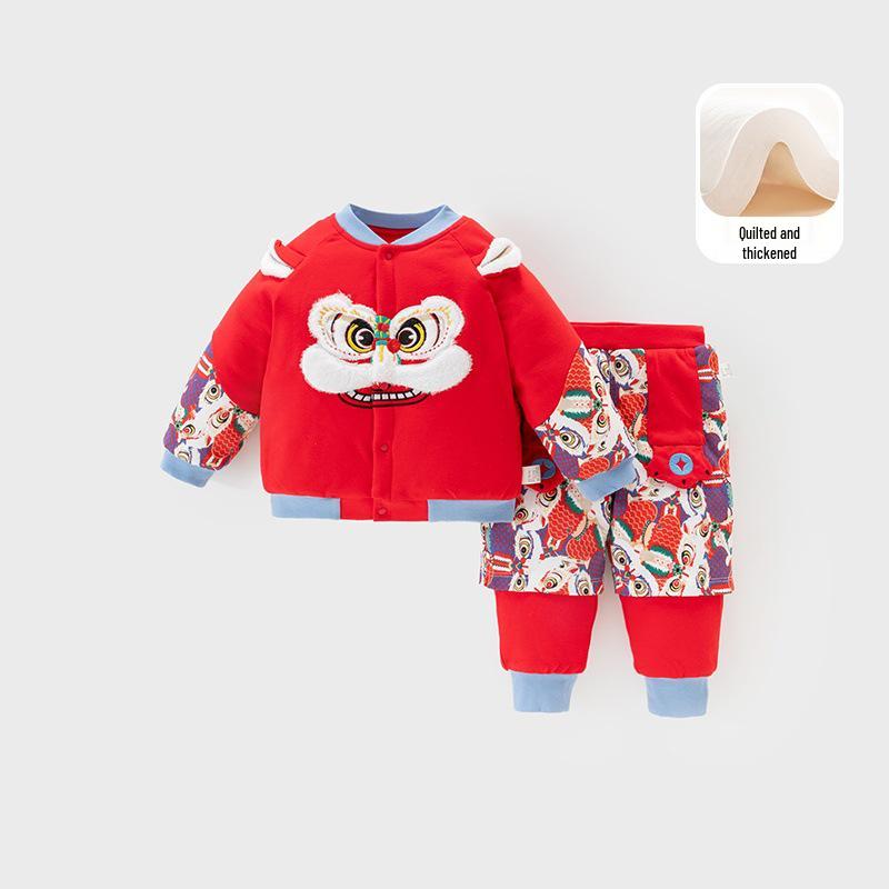

Infant Festive New Year Outfit: Thickened Two-Piece Set for Autumn/Winter - Warm Outdoor Baby Clothes 110 cm