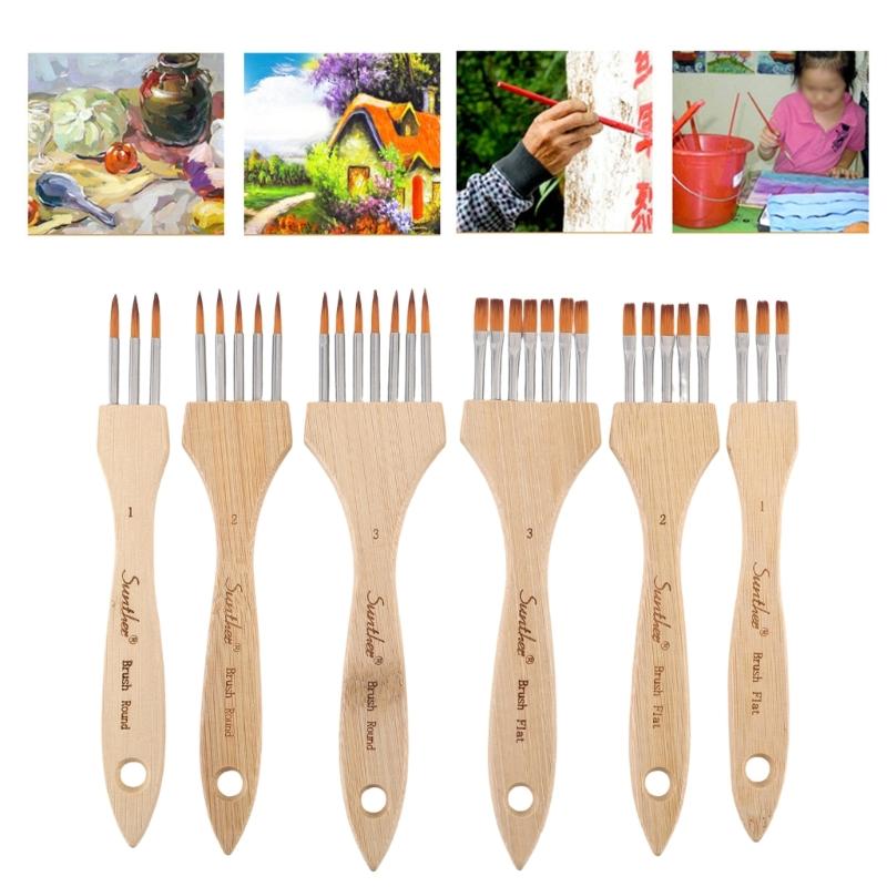 3Pcs Artist Paint Brush Set Multi Head Wood Handle Paint Brushes with Soft Nylon Bristles For Oil Watercolor Acrylic