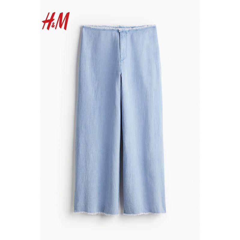 HM Women's Clothes Casual Pants Fall Straight-leg Loose Raw Hem Back Pocket Linen Blend Casual Pants 1224449