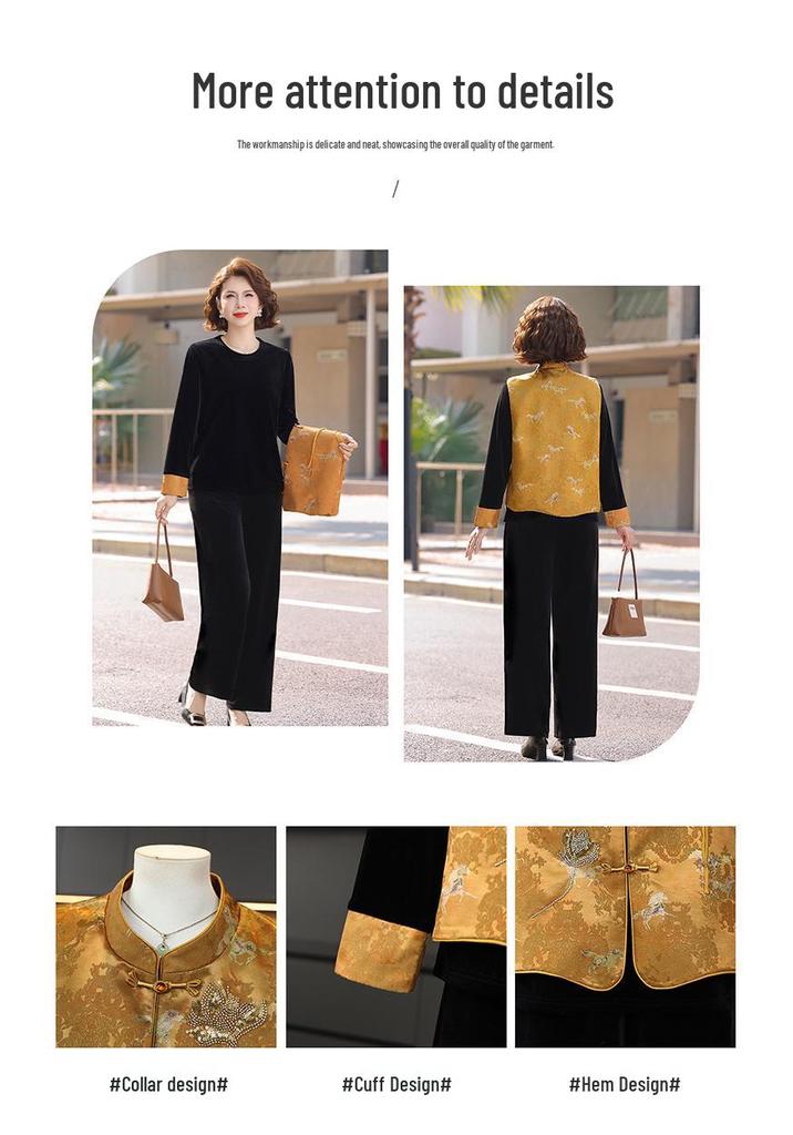 Gold Velvet Spring Suit: Chinese Style Three-Piece Set for Middle-Aged and Elderly Women