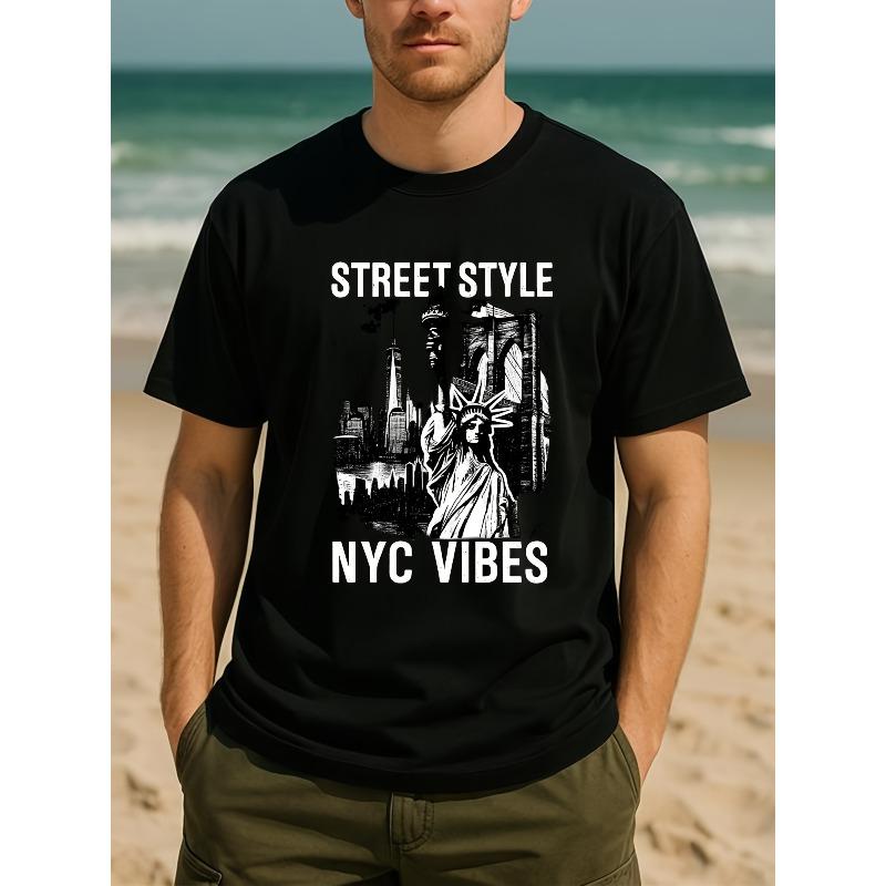 Europäische Größen Retro Reise New York Skyline Herren Bedrucktes Kurzarmhemd, Normal geschnitten Schweißabsorbierendes und Schnelltrocknendes Sport-T-Shirt