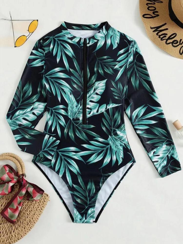 Zipper Leaf Printed Swimsuit 2024 Women One Piece Long Sleeve Swimwear Female Bathers Bathing Swimming Suit Beachwear Bodysuit