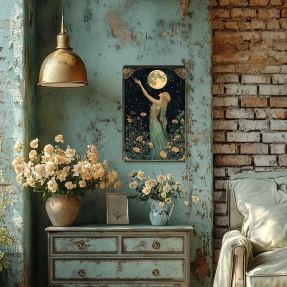 Vintage Moon Girl Metallposter Wanddekoration 8x12 Zoll Blechschild Bar Café