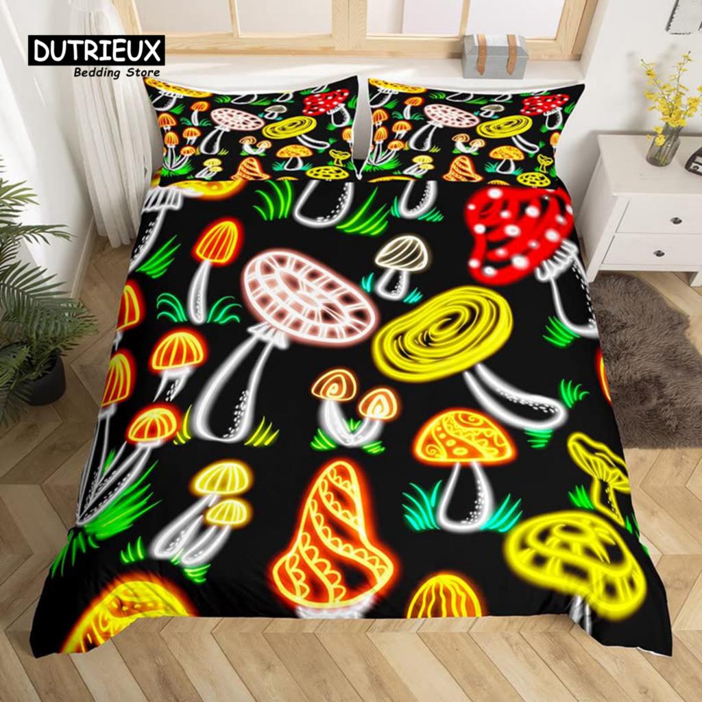 Cartoon Mushrooms Duvet Cover Kawaii Fungus Bedding Set Wild Mushroom Stuff Comforter Cover Twin King for Boys Girls Room Decor