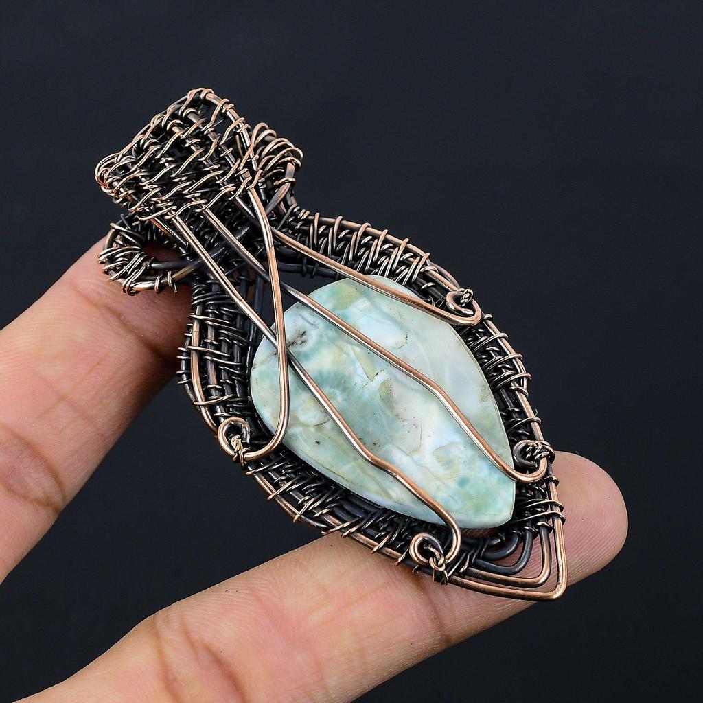 Beautiful Larimar Pendant Gemstone Pure Copper Wire Wrapped Handmade Jewelry For Her