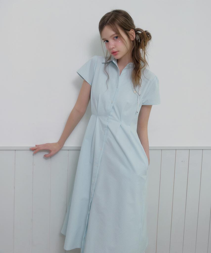 Teuwi D-Ring Open Collar Seersucker Pintuck Long Dress