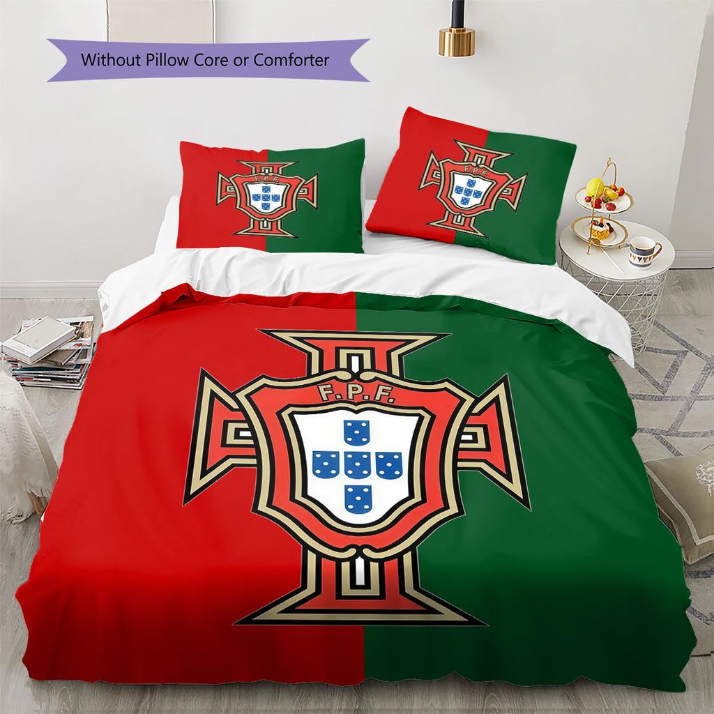 Portugal Fußballmuster Bettwäsche Heimdekoration Geburtstagsgeschenk (1 Bettbezug + 2 Kissenbezüge, ohne Füllung),Fanartikel.