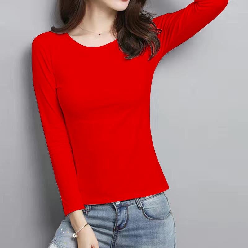 Women's Korean Style Slim Fit Long-Sleeve T-Shirt, Round Neck, Large Size Solid Color Top for Spring & Autumn