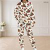 Women Plus Size Round Neck Long Sleeve Halloween Cactus Print White Two Piece Loungewear Set