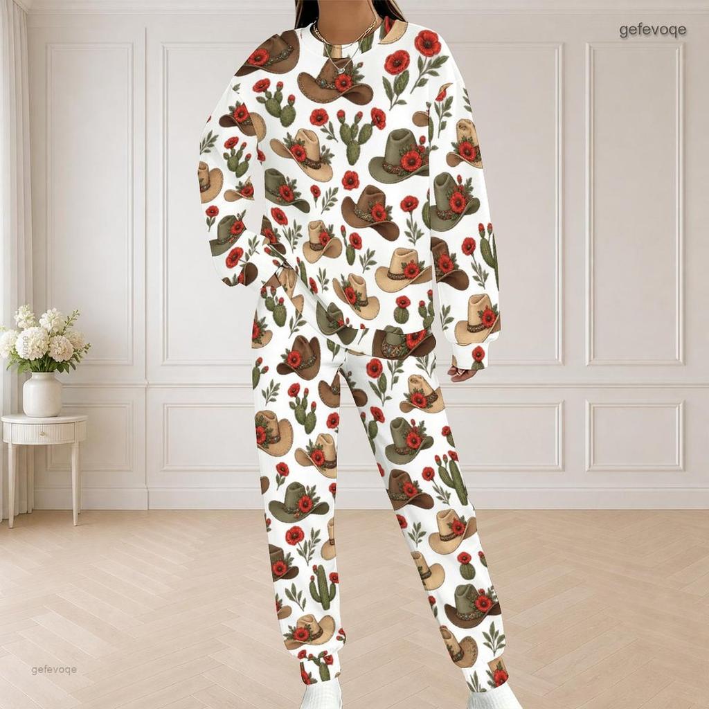 Women Plus Size Round Neck Long Sleeve Halloween Cactus Print White Two Piece Loungewear Set