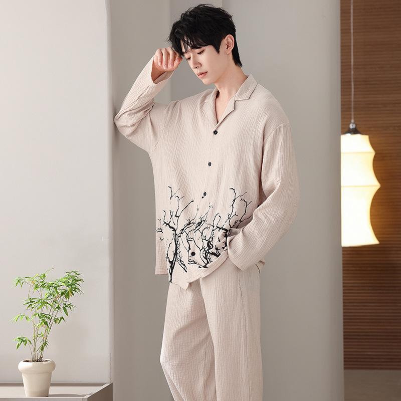 Herrenpyjama aus reiner Baumwolle, Klasse A, doppellagig - Langarm, Chinesischer Stil, Lockere Passform, Hochwertige Frühlings- und Herbst-Homewear.