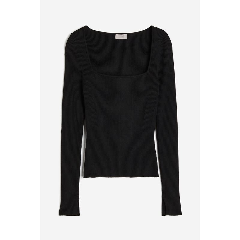 

HM Women s Knitwear Autumn Simplicity Plaid Square Collar Rib Design Blouse 1209011 Black 165/96