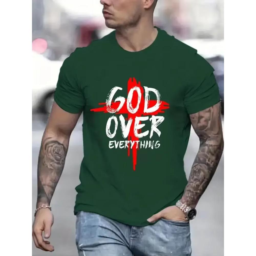 "God Over Everything" Graphic Print Men's Creative Top Casual Slightly Stretch Short Sleeve Crew Neck T-shirt Men's Tee  Outdoor