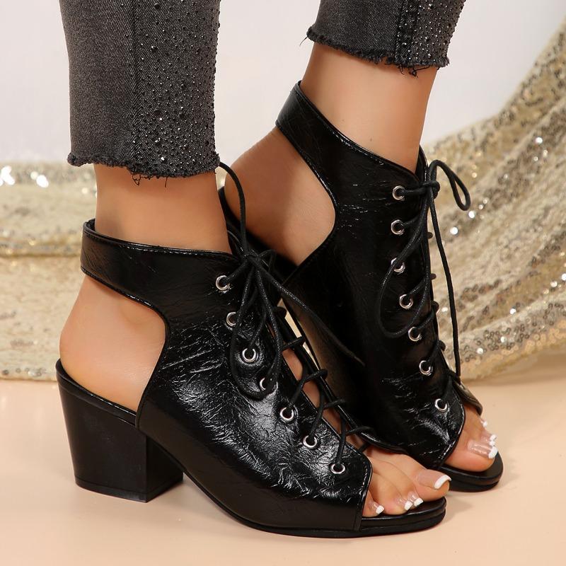 Mode 2025 Neue Damen Schnür-Stiefeletten Peeptoe Sandal Stiefeletten Plateau Klobiger Absatz Tanzschuhe Große Größe Offene Zehen Sommerstiefel