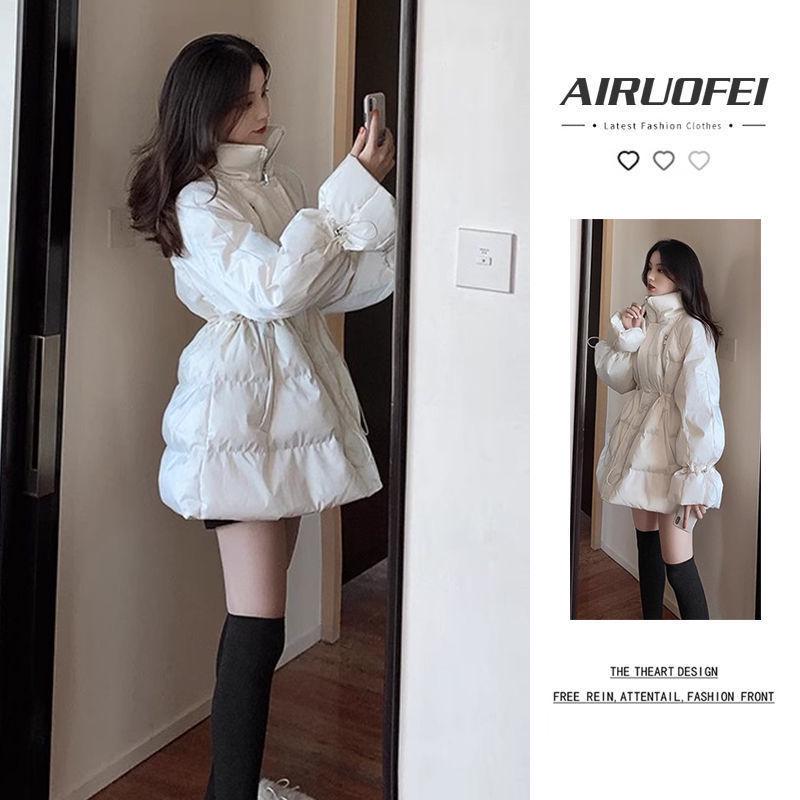 2024 Women's Mid-Length Down Cotton Coat - Hong Kong Style, High-End Niche, Drawstring Waist Winter Jacket