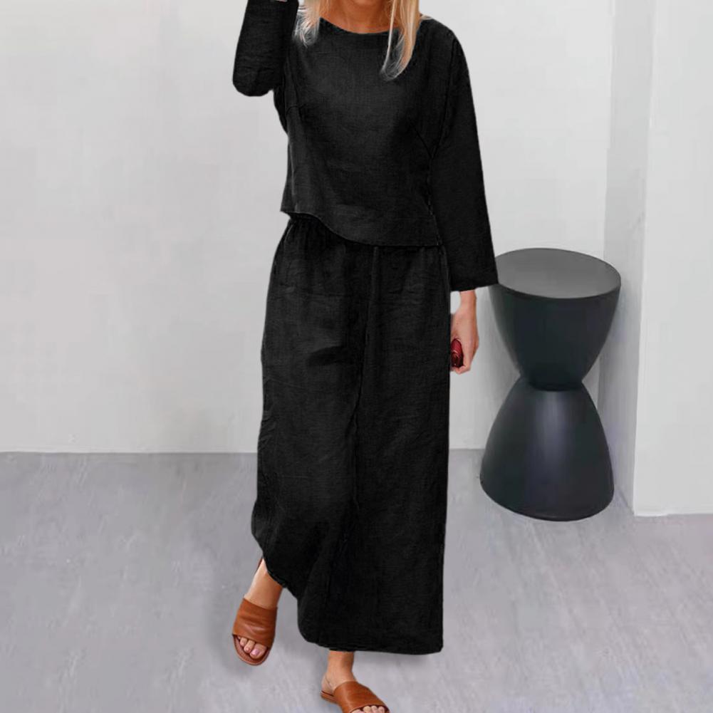 Spring Top Pants Suit Elegant Women's Top Pants Set with Long Sleeves Round Neck T-shirt Elastic Waist Trousers Stylish for Fall
