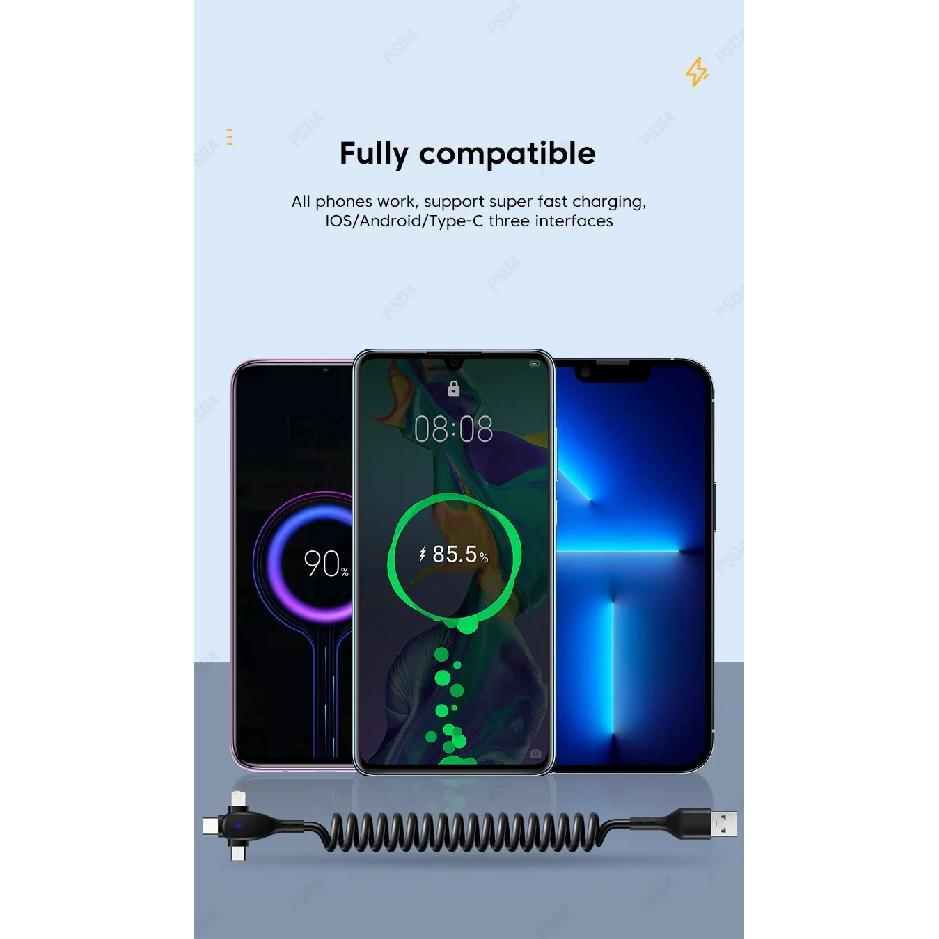 3 in 1 66W 6A Fast Charging USB Type C Cable Micro USB Spring Car Charger For iPhone Xiaomi  Samsung Phone Charger Cord