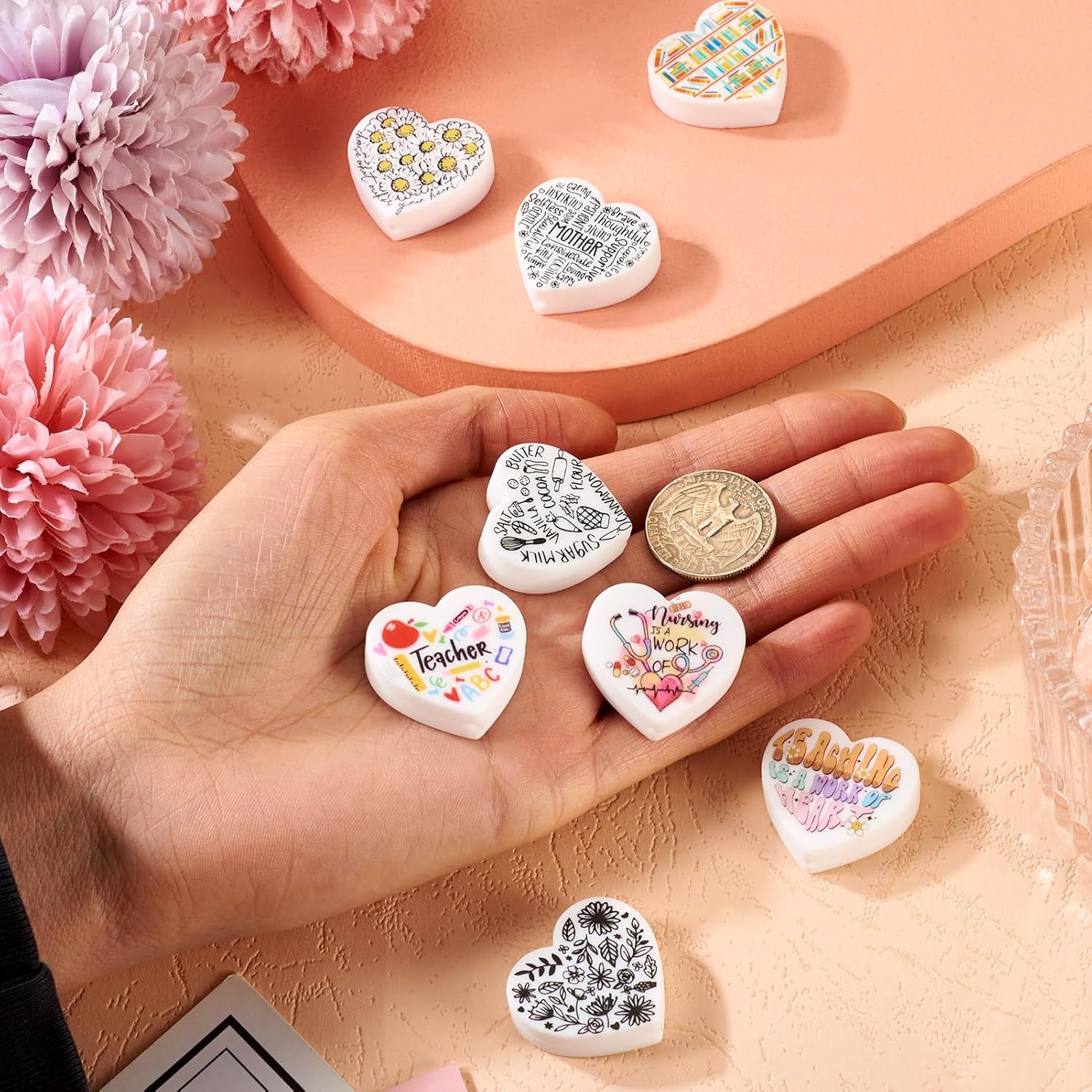 Craftdady 8Pcs Heart Silicone Focal Beads School Nurse Flower Baking Mother Theme Pattern Rubber Beads Assorted Heart Shaped Focal Spacer Beads