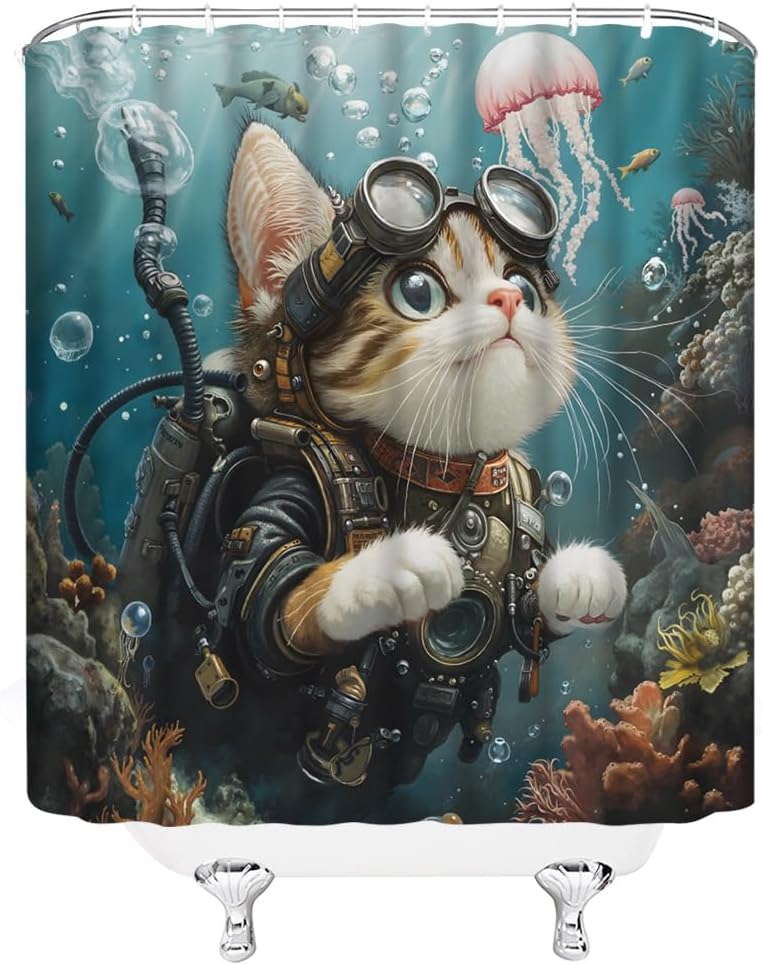 Funny Cat Shower Curtain Swimming In The Ocean Pool Cute Creative Diving Kitty Teal Blue Sea Coral Fish Jellyfish Sealife Cloth