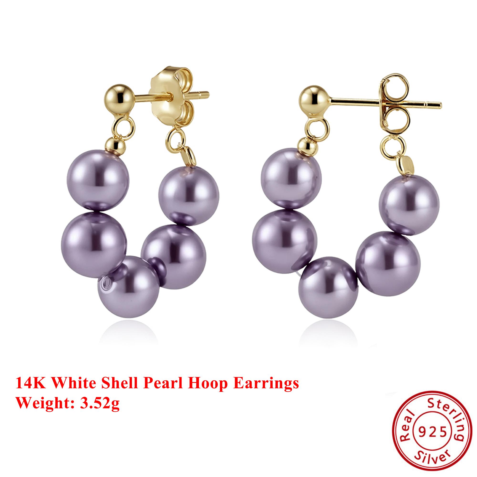 

Effie Queen High Quality 925 Silver 14k Gold Purple, White Color Round Shell Pearl Hoop Earrings Banquet Jewelry for Women PSE08