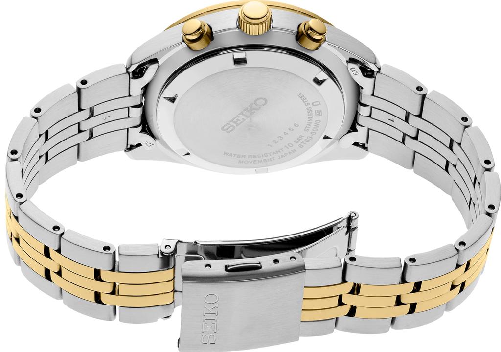 Seiko Black Dial Stainless Steel Band Chronograph GMT Analog Quartz Watch Black Classic Men's Two-Tone Classic, Black,