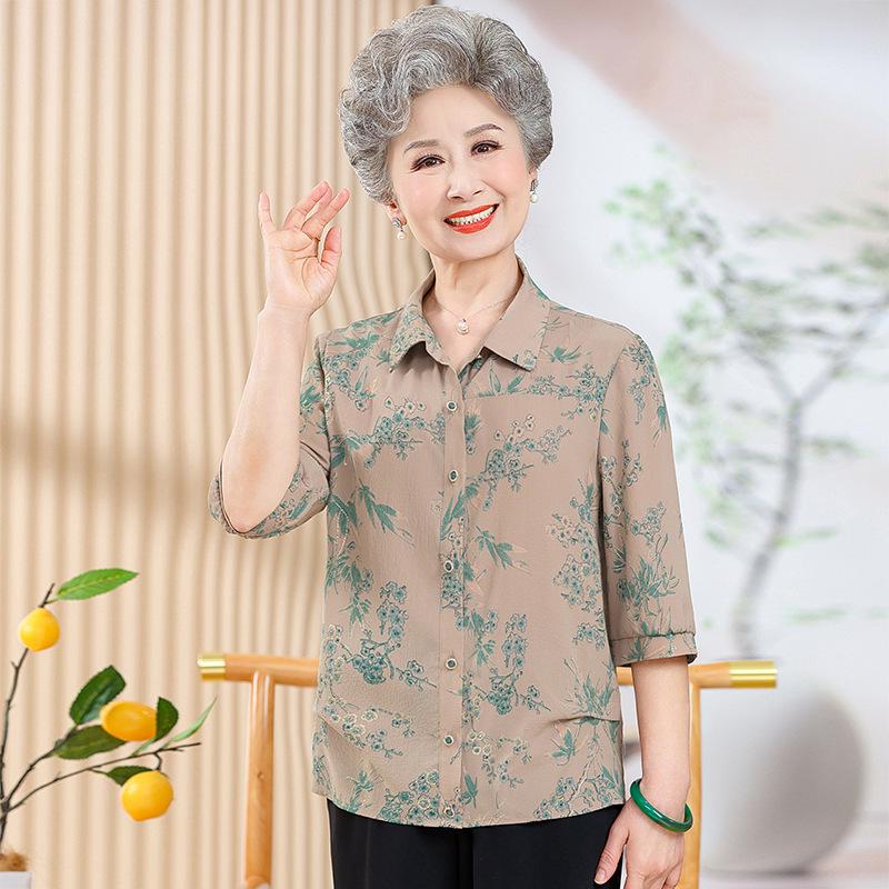 

High-Grade Summer Shirt for Middle-Aged and Elderly Women: Grandma s Stylish Thin 7-Point Sleeve Top XL зелений