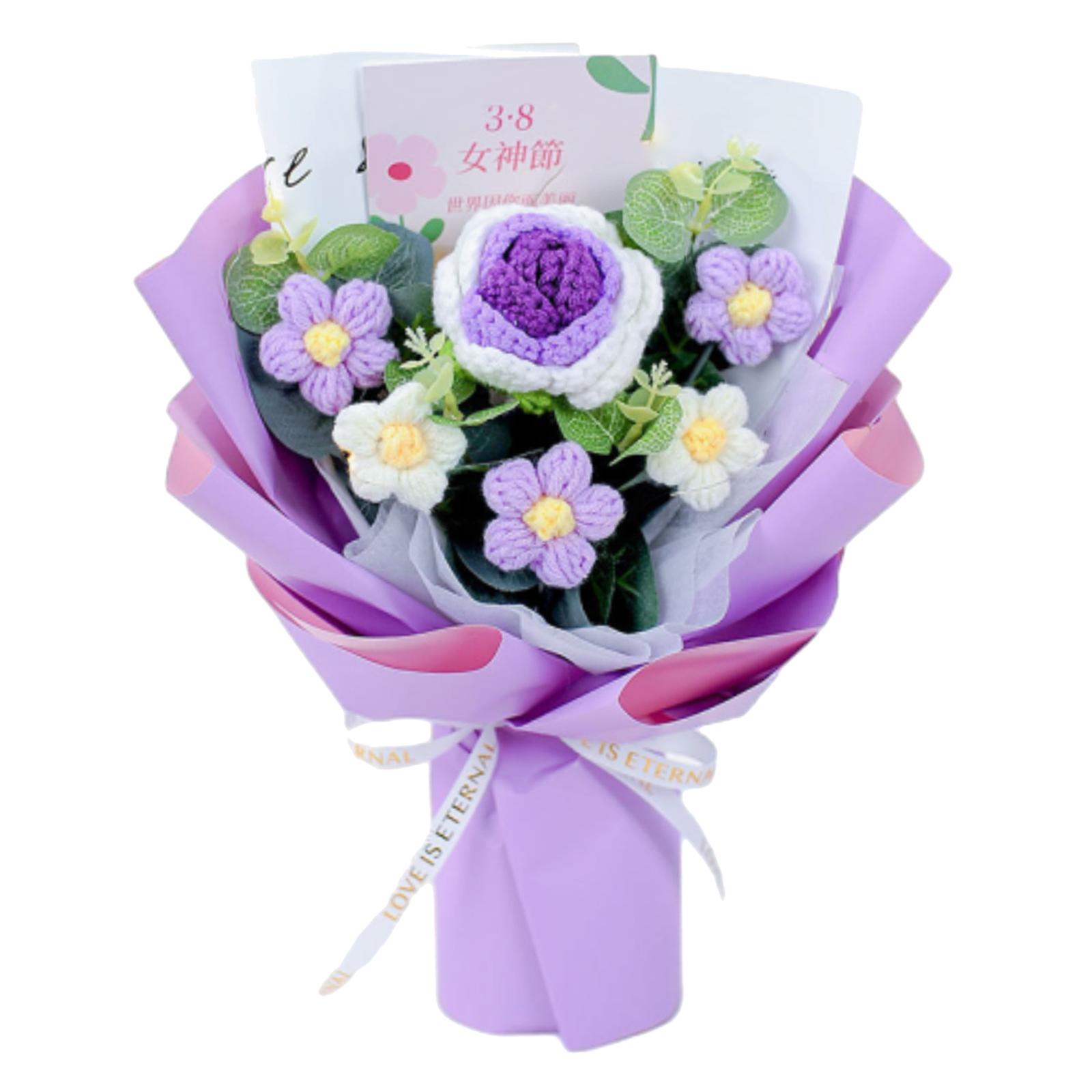 

Completed Crochet Flowers Bouquet Knitted Flower Rose Daisy Durable Crocheted Flower Floral Arrangement Birthday Gift Home Decor фиолетовый