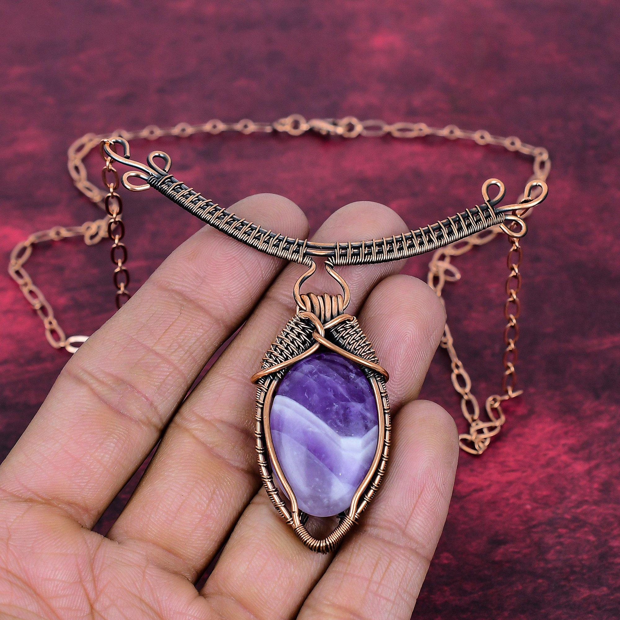 Chevron Amethyst Necklace Copper Wire Wrapped Adjustable Chain Gemstone Necklace Adjustable