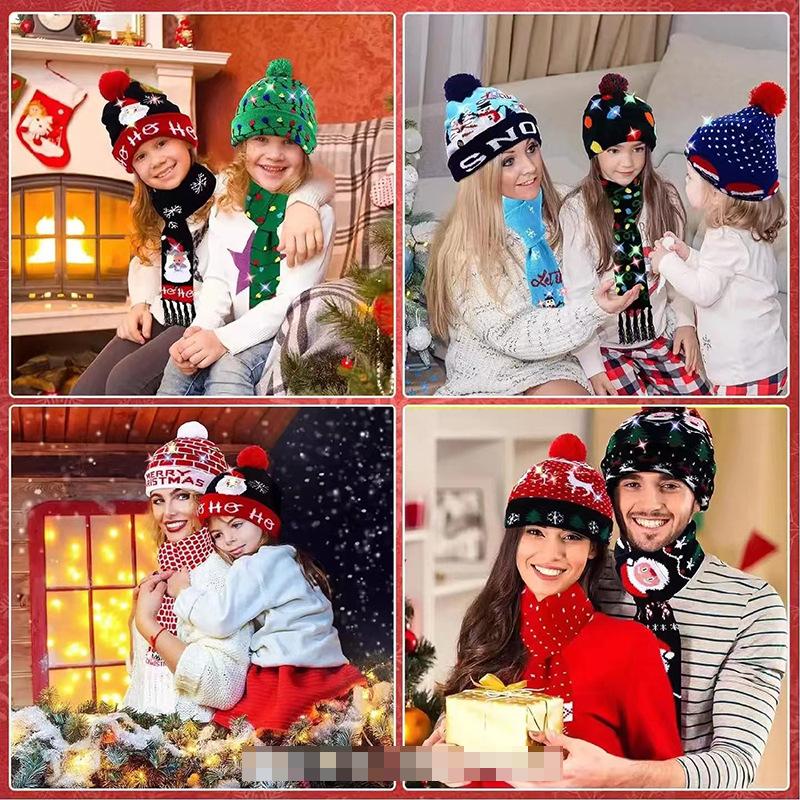 LED Svítící Los Žakárová Pletená Čepice a Šála Set na Vánoce a Nový Rok.