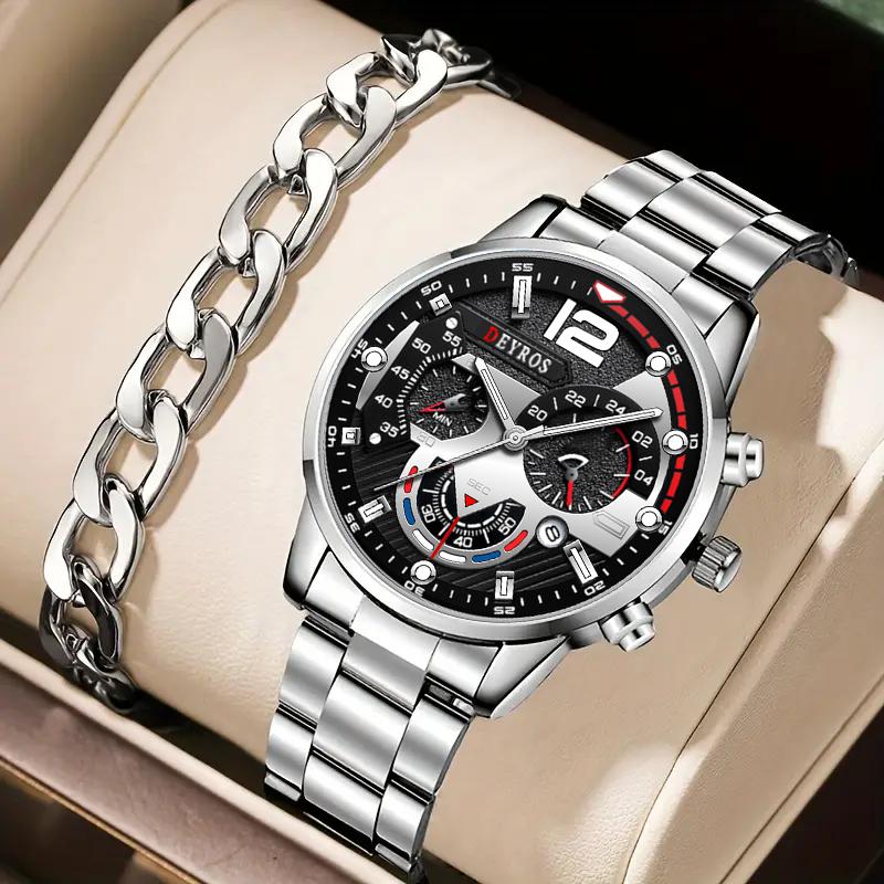 

2 шт./набор 1 шт. Модные мужские кварцевые часы с календарем, мужские повседневные спортивные наручные часы из нержавеющей стали и 1 шт. Браслет, мужские подарки