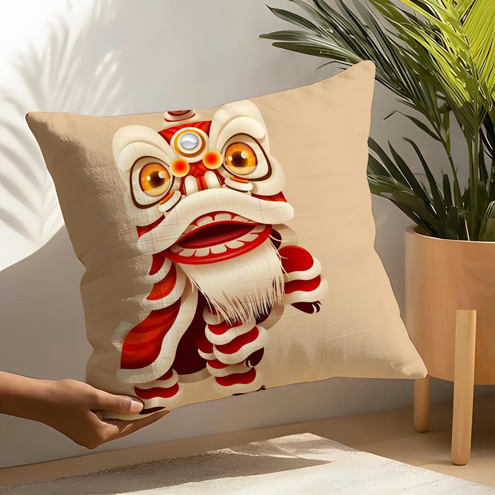 Linen Cushion Covers For Decorative Sofa Home Pillows Case Car Chair Pillows Cases Chinatown Festive Lion Print Pattern