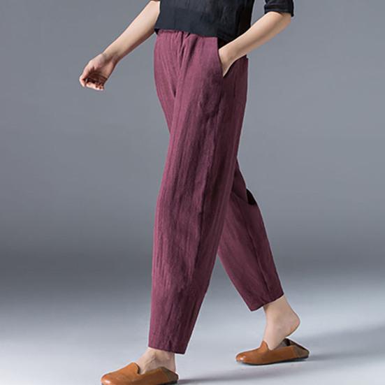 Ladies Long Pants with Pockets Solid Color Elastic Waist Wide Leg Ninth Pants Casual Wear Temperament Women Fashion Loose Linen Trousers Commuter Wear