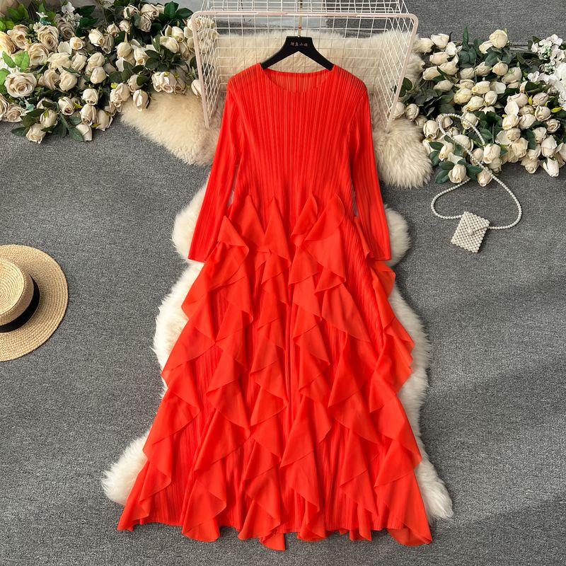 

Socialite Style Fancy Sanzhai Ruched Elegant Dress Spring Clothes Female Stylish Ruffles Silm Long Dress Orange Red