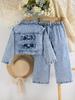 Girls' 2-Piece Casual Outfit: Cute & Comfortable Snowflake-Wash Denim Shirt-Jacket with Large Bow Collar and Loose Straight-Leg Jeans