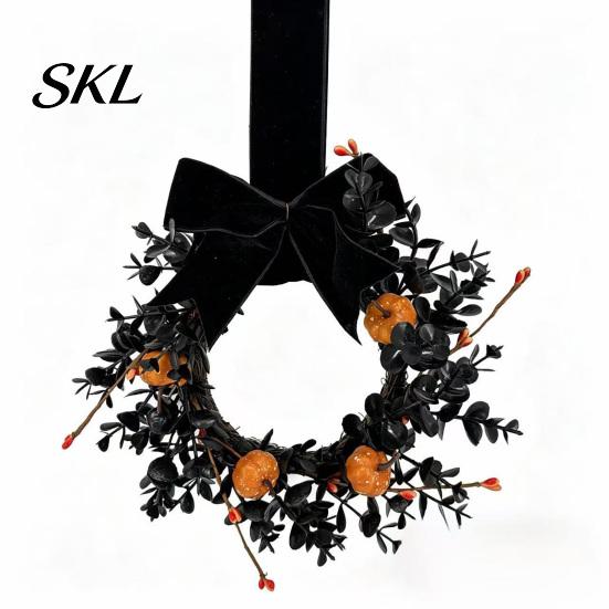 Black Branch Wreath Halloween for Front Door, 9 Inch Pumpkin with Spooky Velvet Bow Home Porch Holiday Party Window Wall Decor Shop