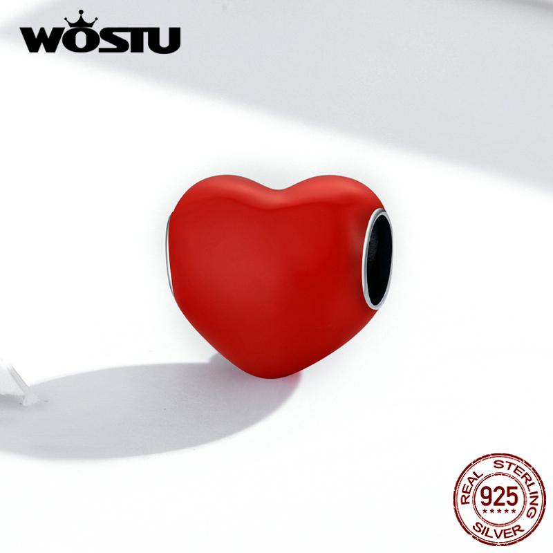 WOSTU Enamel Smooth Red , Pink and Blue Three-color Heart Shape 925 Sterling Silver Charm Beads Fit Bracelet Bangle Fine Jewelry