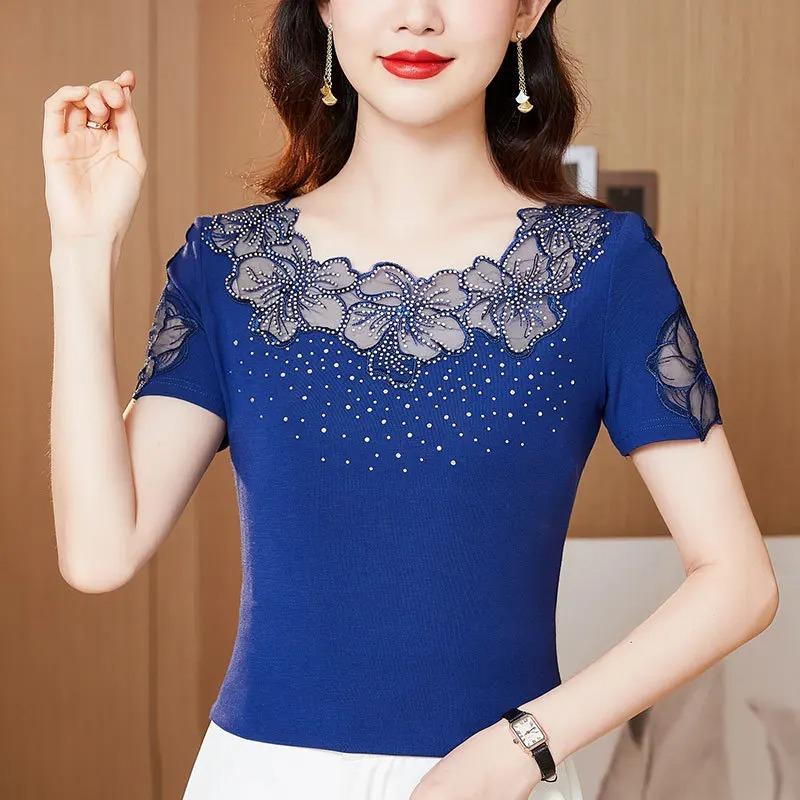 Summer Short Sleeved O Neck Women's T Shirt Elegant Slim Sexy Hollow Out Tees Drilling Mesh Lace