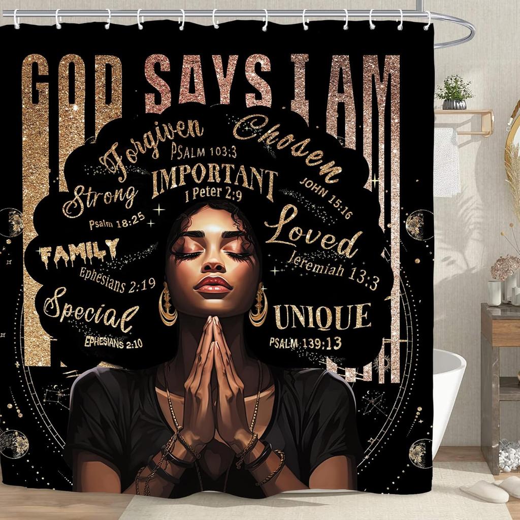 African American Olive Green Shower Curtain Black Girl Flower Oil Painting Art Bathroom Accessories Decoration with 12 Hooks