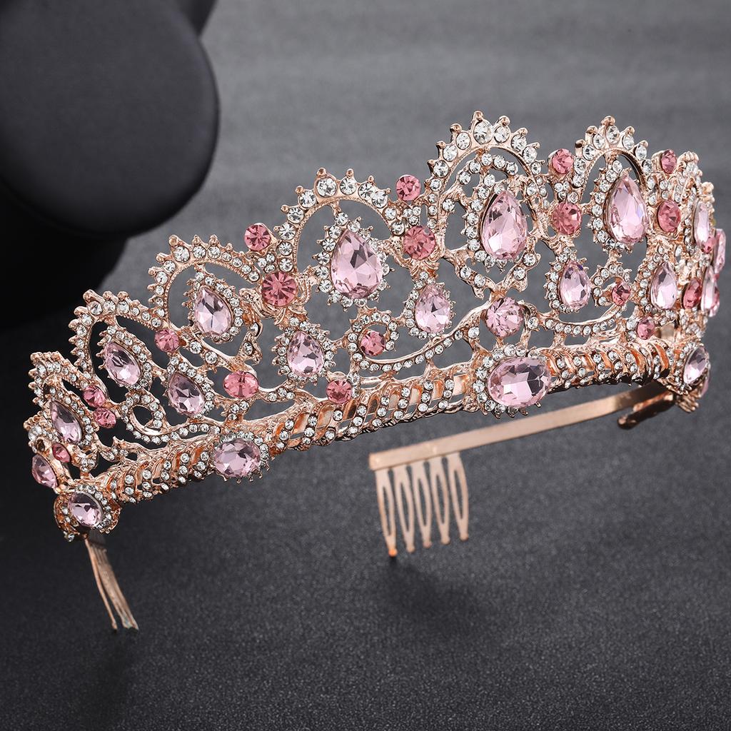 Rose Gold Bridal Crown Pink Diamond High End Crystal Crown Tiara Wedding Accessories Crown Comb