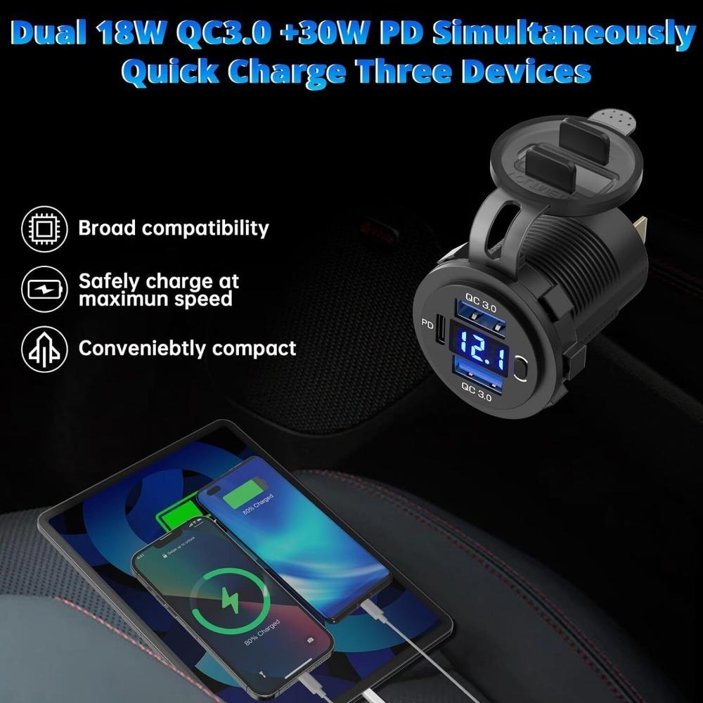 1set 12V USB C Charger Port Fast Car Charger PD & QC Outlet Socket for Boat RV Marine