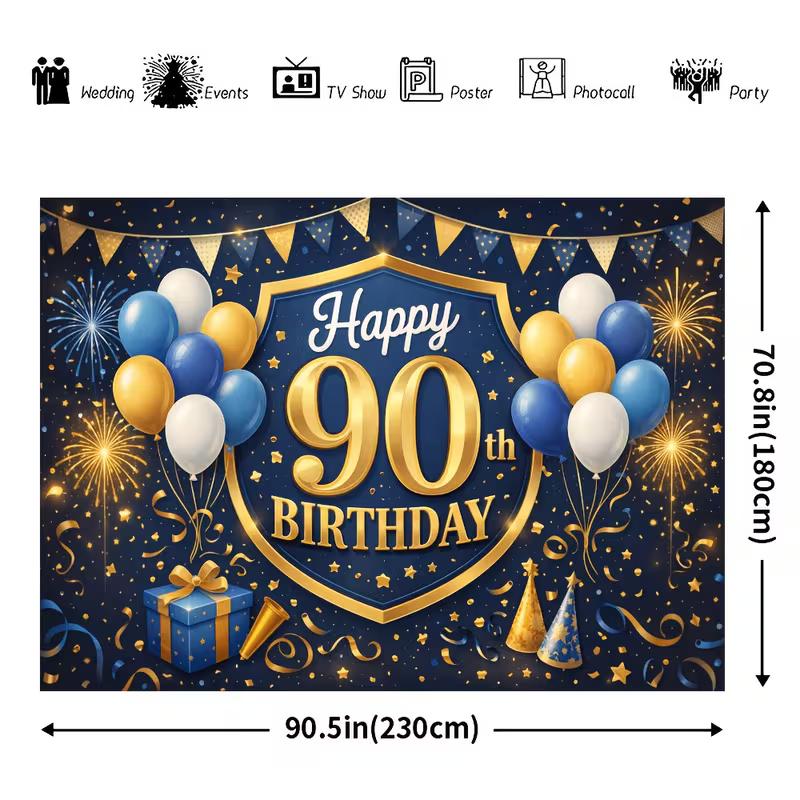 2D Happy 90th Birthday Hintergrund Banner Ballon Feuerwerk Party Deko