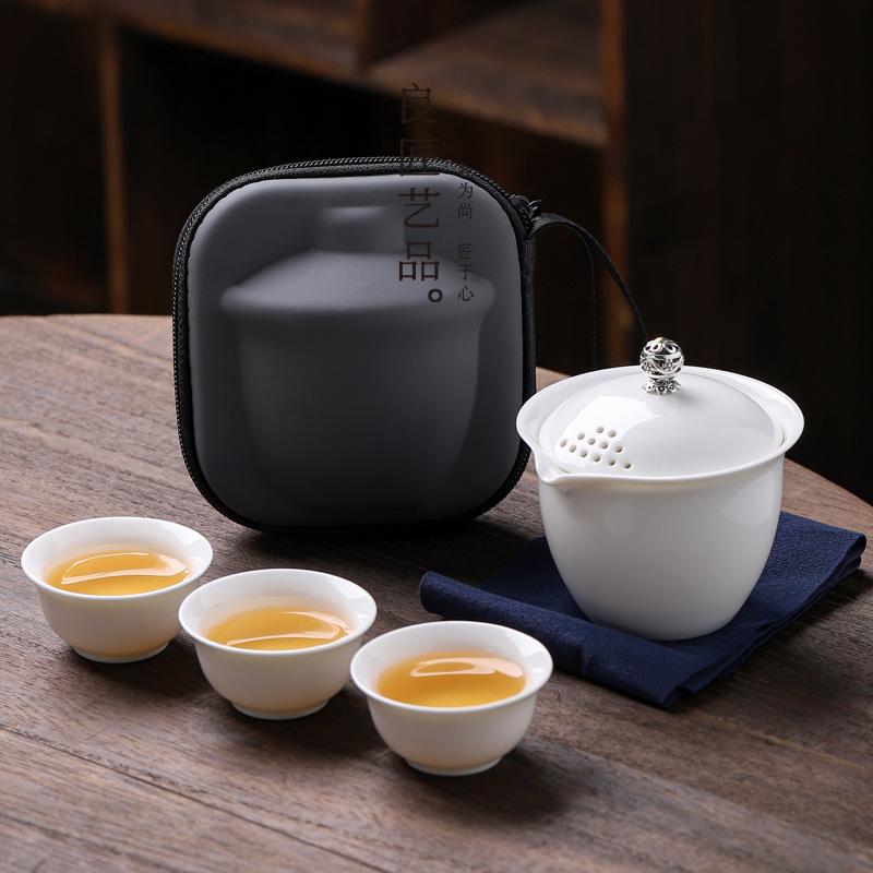 Reise-Teegeschirr Lammwolle Jade Deckelschale Ein Kännchen Drei Tassen Kung Fu Teegeschirr Tragbarer Aufguss-Teetasse Begleiter Geschenk