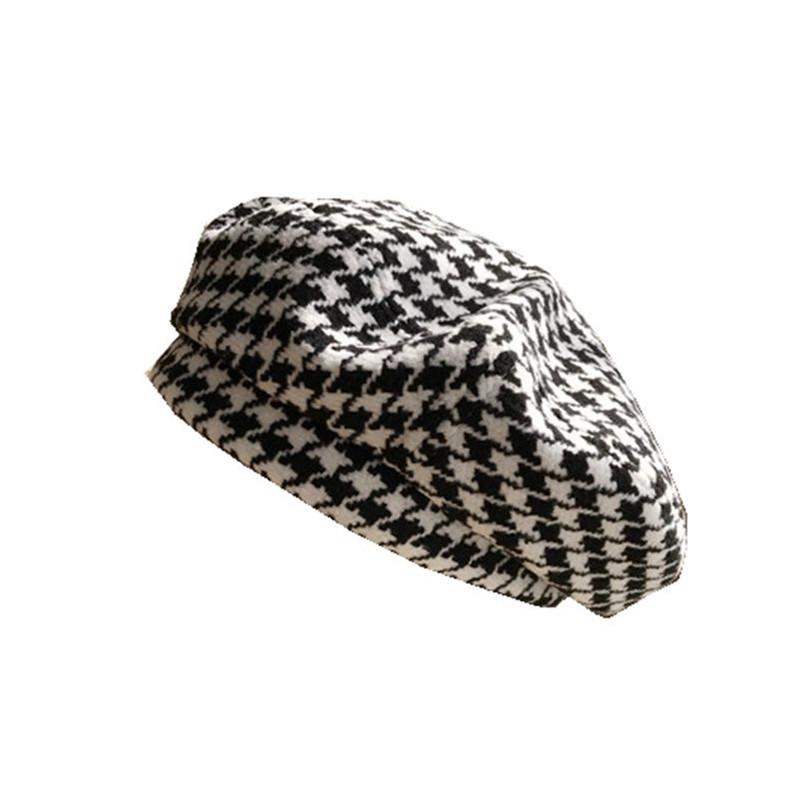 Houndstooth Comfortable Womens Beret Trendy And Stylish Cotton Flat Top Hat