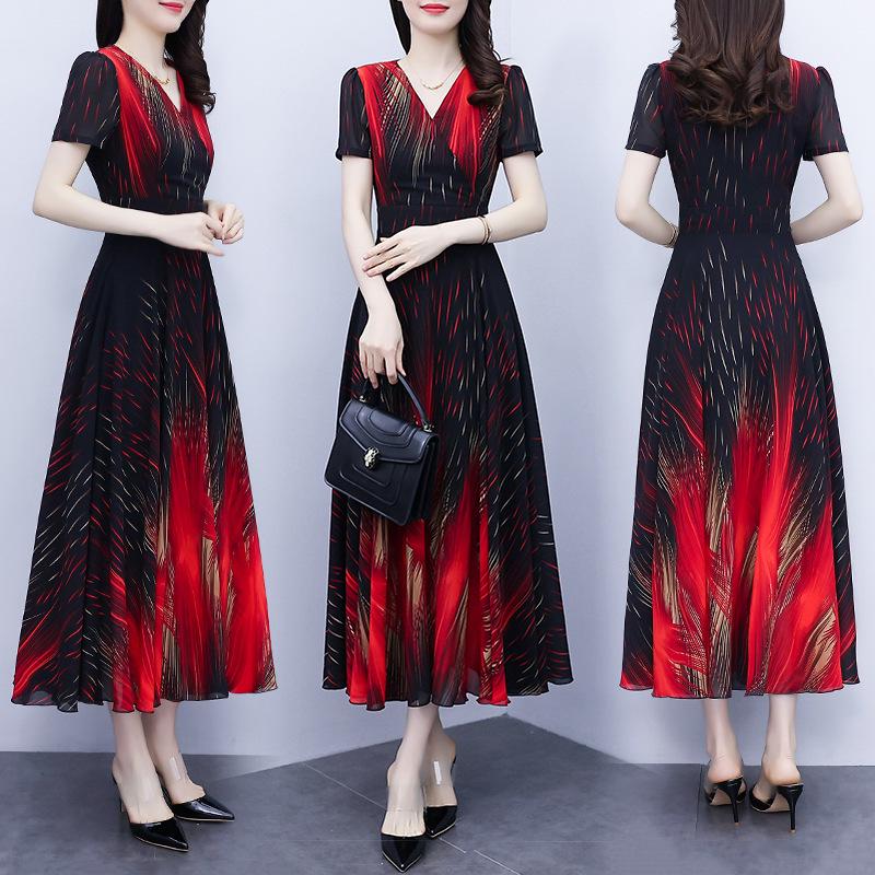 

Летнее миди-платье с V-образным вырезом и французским принтом, со сборкой на талии - Большой размер, платье-свинг из ледяного шелка для женщин среднего возраста 5XL красный